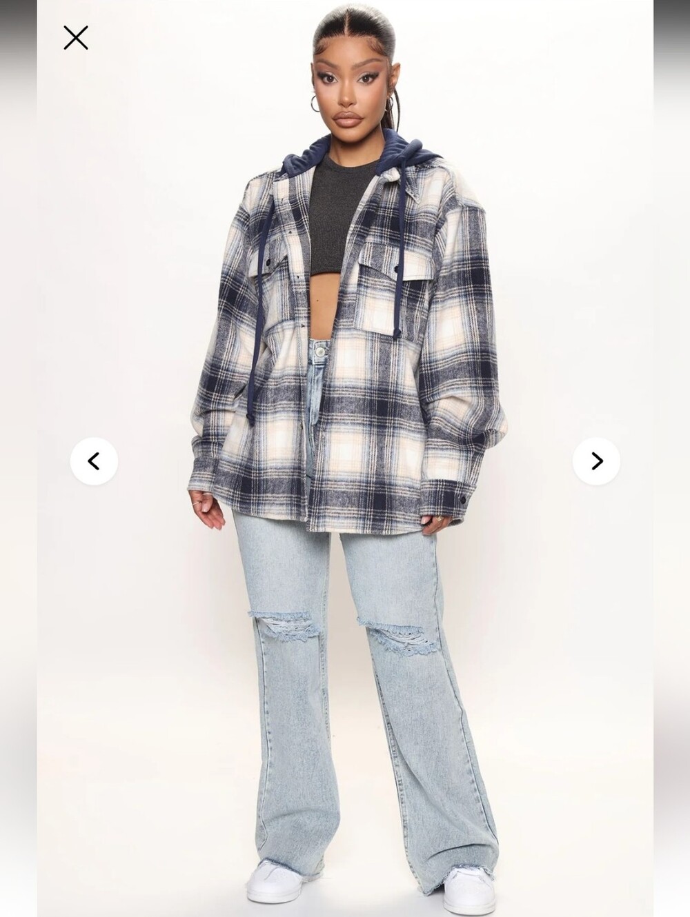 Fashion Nova Navy and Cream Plaid Hooded Shacket